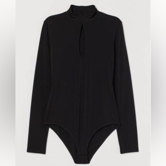 H&M black long sleeve bodysuit front‎ keyhole cut out size L - Picture 1 of 5